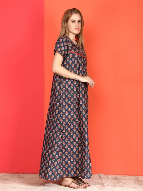 Evolove_Cotton_Nighty_Maxi_For_Women_With_Side_Pocket_|_Round_Neck_Printed_Short_Sleeves_Full_Length_Night_Wear_Gown_Navy_X-Large