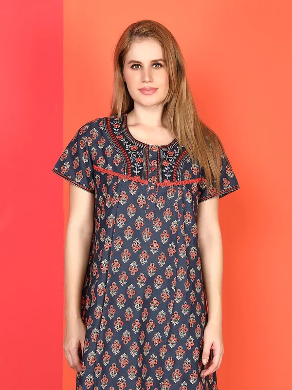 Evolove_Cotton_Nighty_Maxi_For_Women_With_Side_Pocket_|_Round_Neck_Printed_Short_Sleeves_Full_Length_Night_Wear_Gown_Navy_X-Large