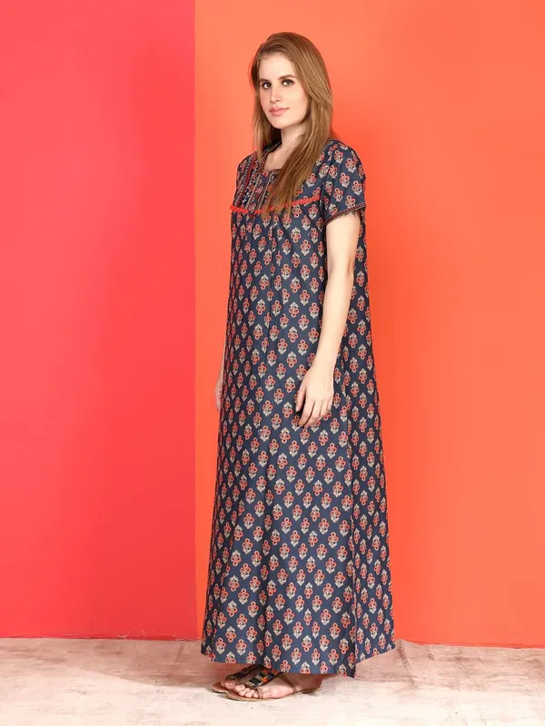 Evolove_Cotton_Nighty_Maxi_For_Women_With_Side_Pocket_|_Round_Neck_Printed_Short_Sleeves_Full_Length_Night_Wear_Gown_Navy_X-Large