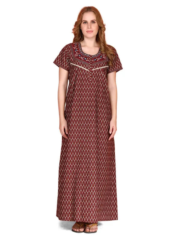 Evolove_Cotton_Nighty_Maxi_For_Women_With_Side_Pocket_|_Round_Neck_Printed_Short_Sleeves_Full_Length_Night_Wear_Gown_Maroon_X-Large