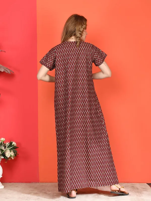 Evolove_Cotton_Nighty_Maxi_For_Women_With_Side_Pocket_|_Round_Neck_Printed_Short_Sleeves_Full_Length_Night_Wear_Gown_Maroon_X-Large