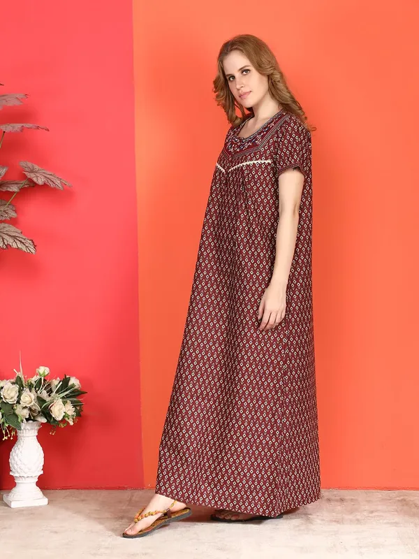 Evolove_Cotton_Nighty_Maxi_For_Women_With_Side_Pocket_|_Round_Neck_Printed_Short_Sleeves_Full_Length_Night_Wear_Gown_Maroon_X-Large