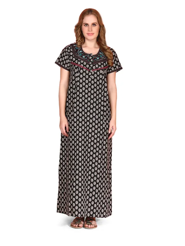 Evolove_Cotton_Nighty_Maxi_For_Women_With_Side_Pocket_|_Round_Neck_Printed_Short_Sleeves_Full_Length_Night_Wear_Gown_Black_X-Large