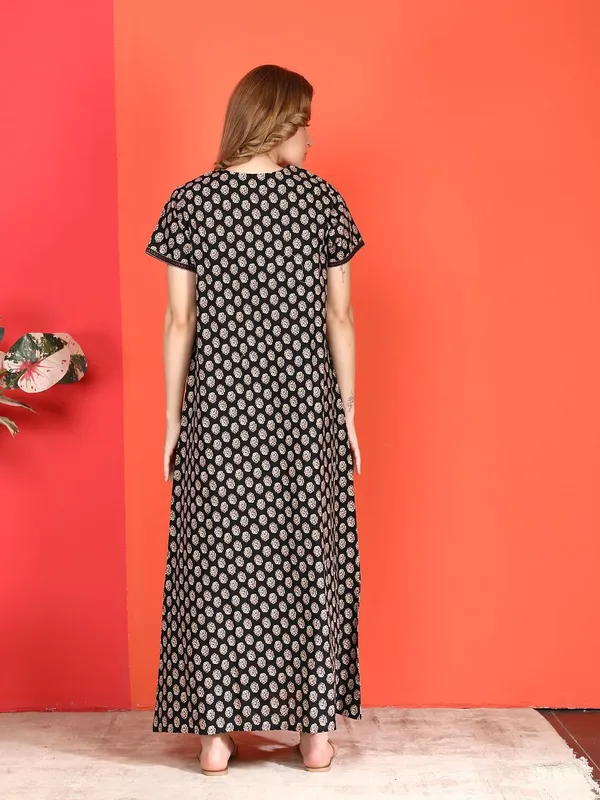 Evolove_Cotton_Nighty_Maxi_For_Women_With_Side_Pocket_|_Round_Neck_Printed_Short_Sleeves_Full_Length_Night_Wear_Gown_Black_X-Large