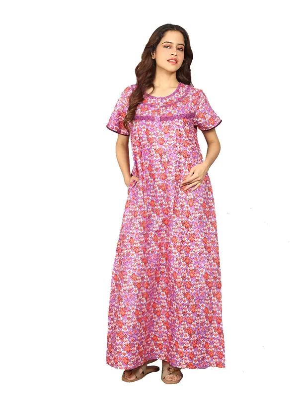 Evolove_Cotton_Maxi_Nighty_For_Women_With_Side_Pocket_|_Floral_Print_Round_Neck_Short_Sleeves_Full_Length_Night_Wear_Gown_Purple