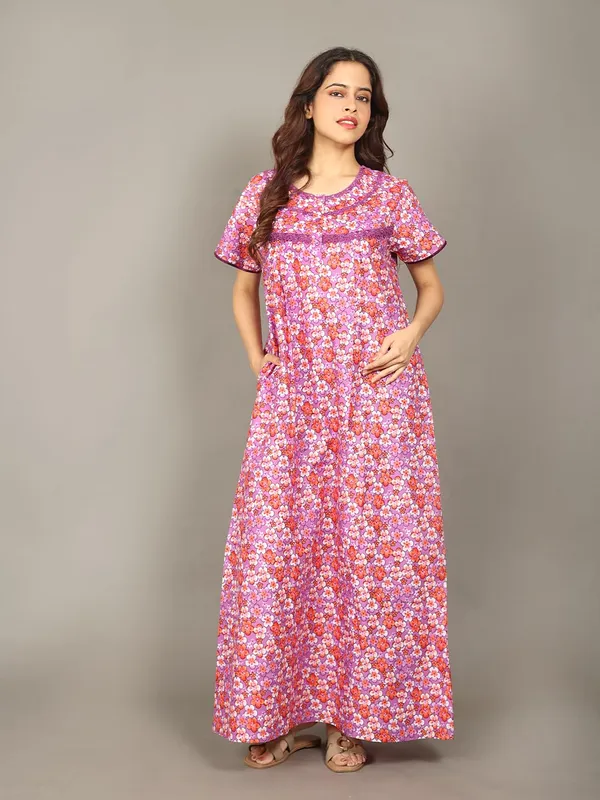 Evolove_Cotton_Maxi_Nighty_For_Women_With_Side_Pocket_|_Floral_Print_Round_Neck_Short_Sleeves_Full_Length_Night_Wear_Gown_Purple