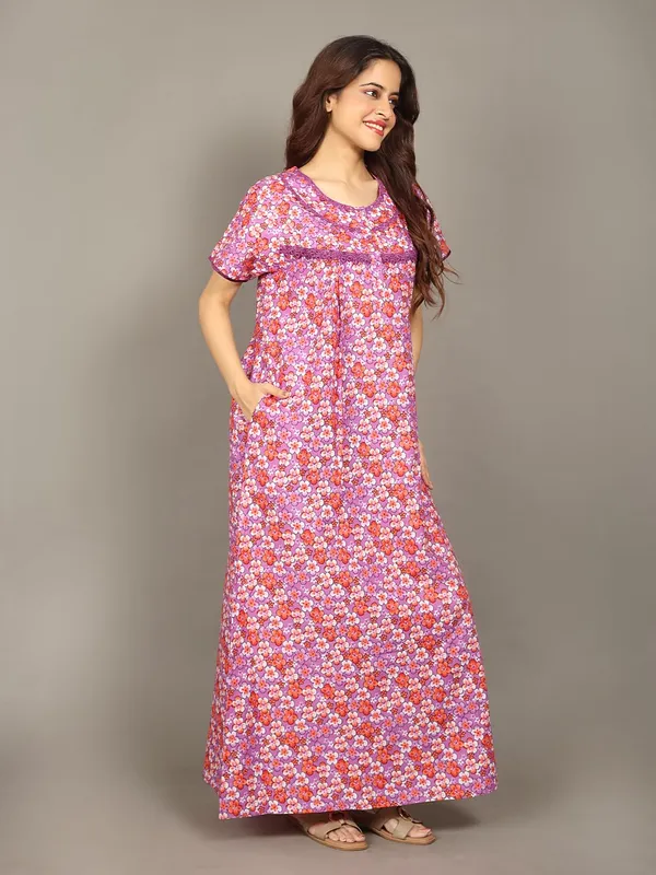 Evolove_Cotton_Maxi_Nighty_For_Women_With_Side_Pocket_|_Floral_Print_Round_Neck_Short_Sleeves_Full_Length_Night_Wear_Gown_Purple