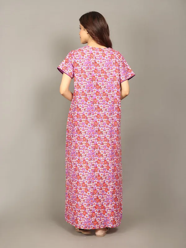 Evolove_Cotton_Maxi_Nighty_For_Women_With_Side_Pocket_|_Floral_Print_Round_Neck_Short_Sleeves_Full_Length_Night_Wear_Gown_Purple