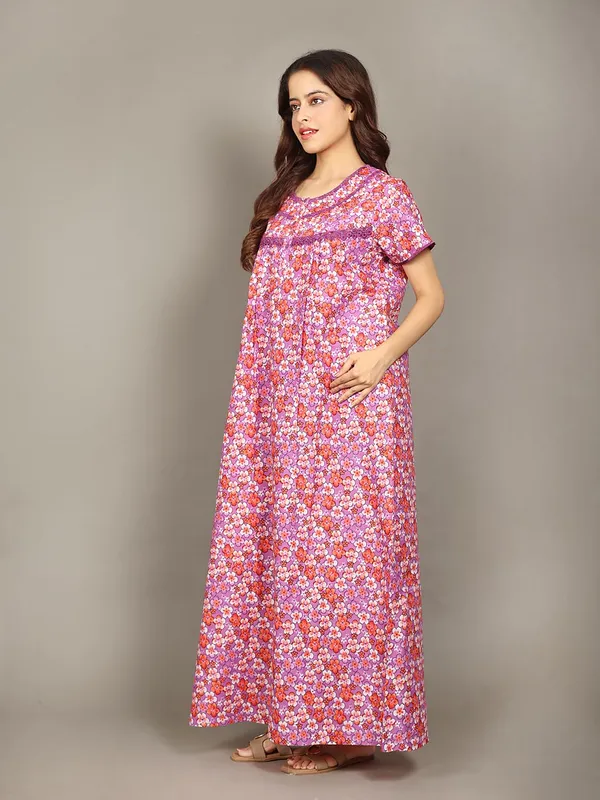 Evolove_Cotton_Maxi_Nighty_For_Women_With_Side_Pocket_|_Floral_Print_Round_Neck_Short_Sleeves_Full_Length_Night_Wear_Gown_Purple