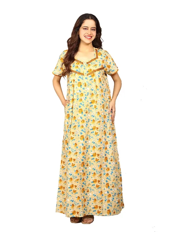 Evolove_Cotton_Maxi_Nighty_For_Women_With_Side_Pocket_|_Floral_Print_V-Neck_Short_Sleeves_Full_Length_Night_Wear_Gown_Light_Yellow