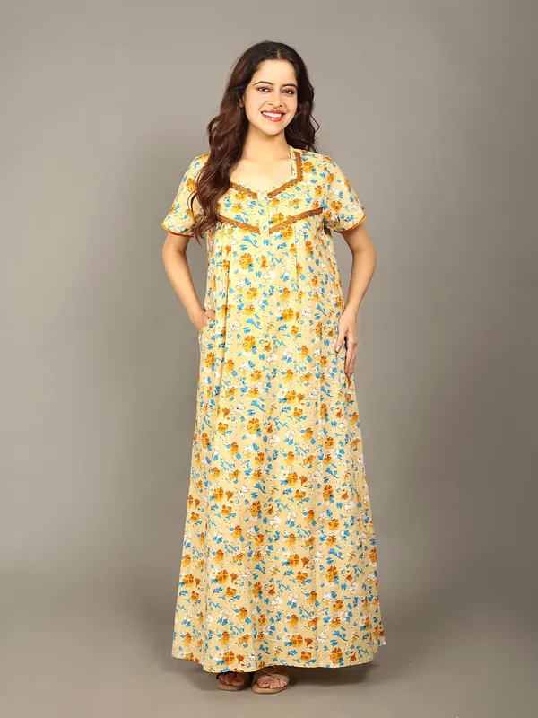 Evolove_Cotton_Maxi_Nighty_For_Women_With_Side_Pocket_|_Floral_Print_V-Neck_Short_Sleeves_Full_Length_Night_Wear_Gown_Light_Yellow