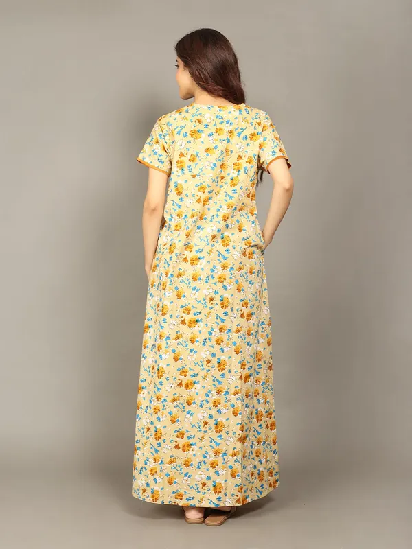 Evolove_Cotton_Maxi_Nighty_For_Women_With_Side_Pocket_|_Floral_Print_V-Neck_Short_Sleeves_Full_Length_Night_Wear_Gown_Light_Yellow