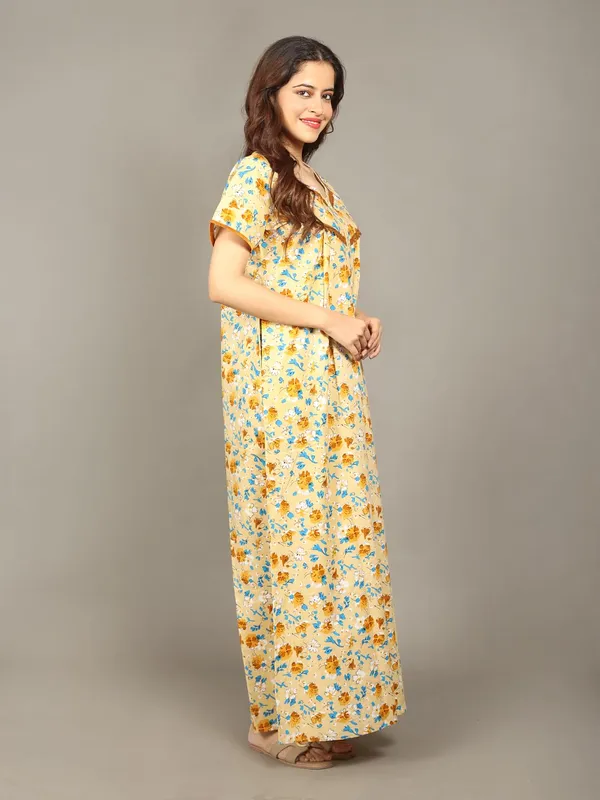 Evolove_Cotton_Maxi_Nighty_For_Women_With_Side_Pocket_|_Floral_Print_V-Neck_Short_Sleeves_Full_Length_Night_Wear_Gown_Light_Yellow