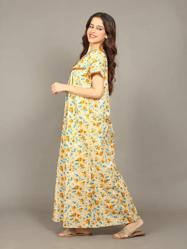 Evolove_Cotton_Maxi_Nighty_For_Women_With_Side_Pocket_|_Floral_Print_V-Neck_Short_Sleeves_Full_Length_Night_Wear_Gown_Light_Yellow