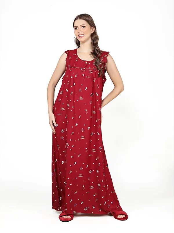Maroon_Rayon_Sleeveless_Nighty_Maxi_For_Women_With_Side_Pocke_Printed_Full_Length_Night_Wear_Gown