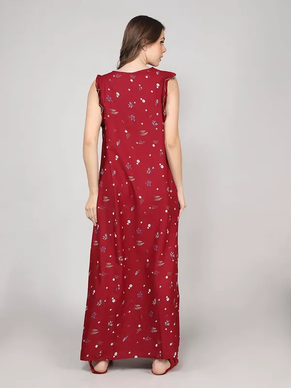 Maroon_Rayon_Sleeveless_Nighty_Maxi_For_Women_With_Side_Pocke_Printed_Full_Length_Night_Wear_Gown