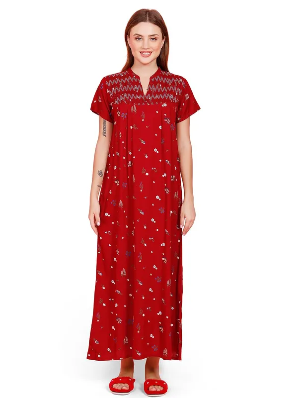 Maroon_Rayon_Maxi_Nighty_|_Printed_Full_Length_Night_Gown_Short_Sleeves