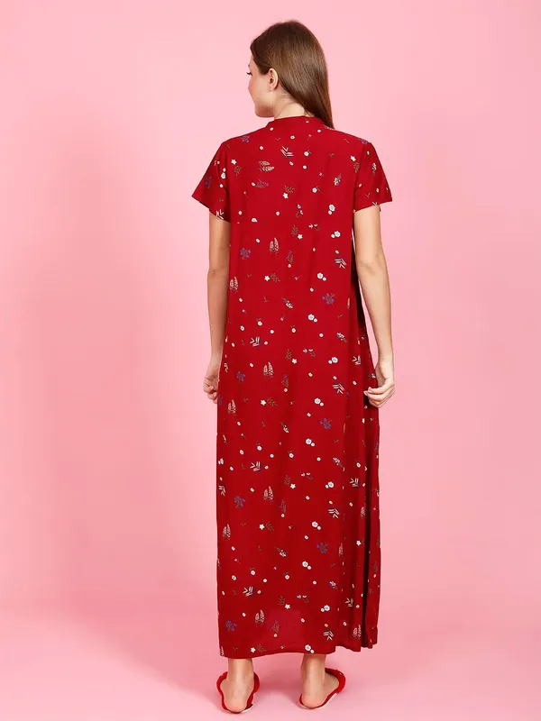 Maroon_Rayon_Maxi_Nighty_|_Printed_Full_Length_Night_Gown_Short_Sleeves