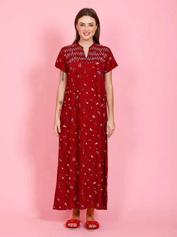 Maroon_Rayon_Maxi_Nighty_|_Printed_Full_Length_Night_Gown_Short_Sleeves