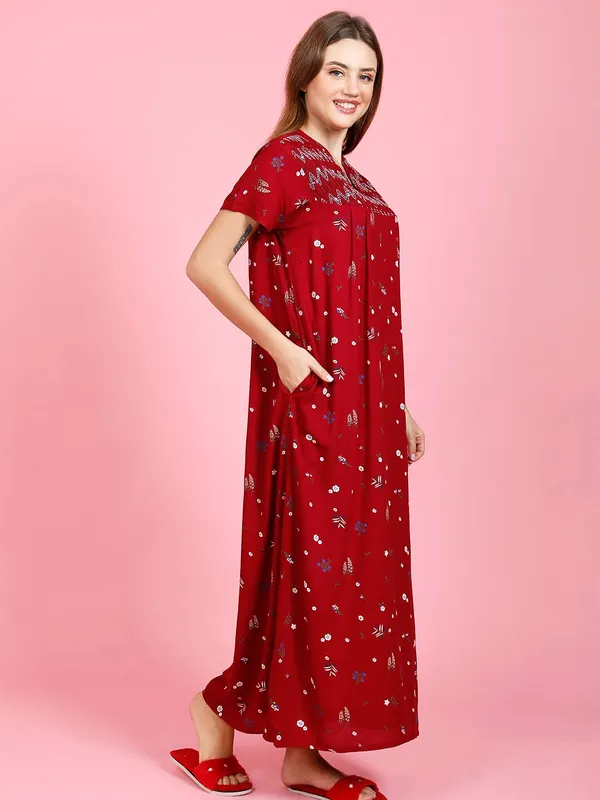 Maroon_Rayon_Maxi_Nighty_|_Printed_Full_Length_Night_Gown_Short_Sleeves