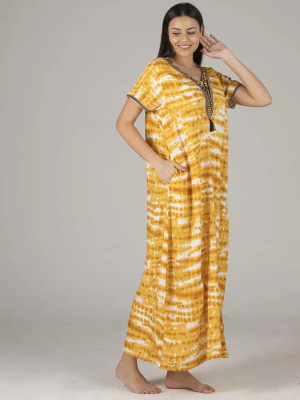 Evolove_Women's_Mustard_Rayon_Embroidered_Nighty_with_Tassel_|_Soft_Breathable_Full_Length_Cotton_Feel_Lounge_&_Sleepwear