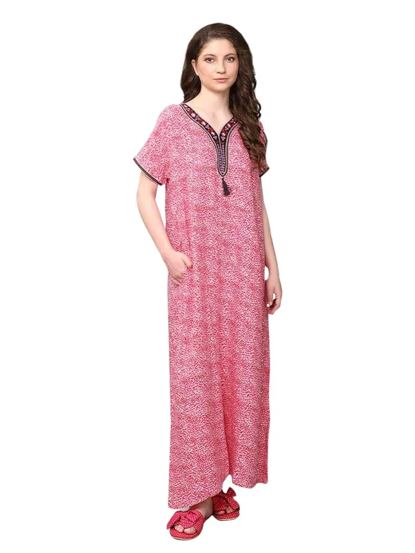 Evolove_Women's_Viscose_Liva_Embroidery_with_Tussle_Long_Maxi_Night_Gown_Nighty_Dress_With_Pocket,_Super_Soft_Comfortable_Fushia