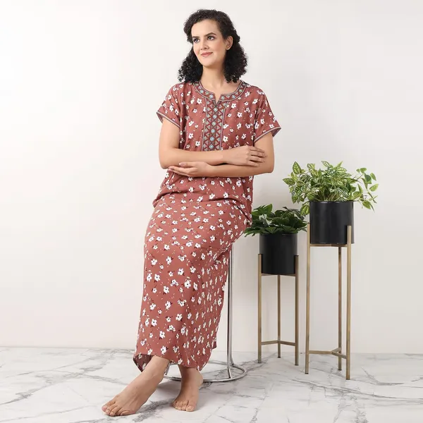 Maroon_Viscose_Short_Sleeves_Long_Maxi_Night_Gown