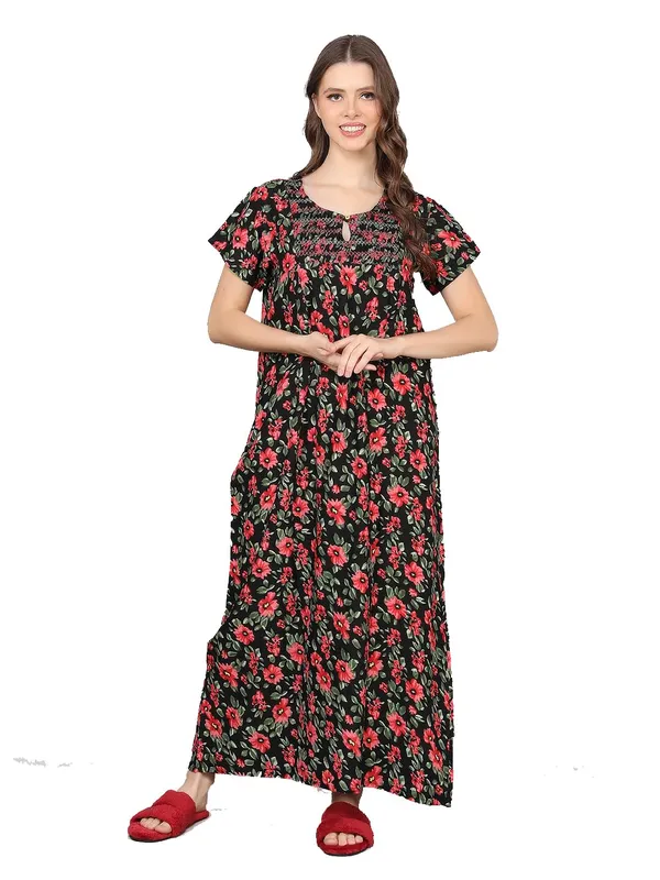 Black_Rayon_Maxi_Nighty_|_Printed_Full_Length_Night_Gown_Short_Sleeves