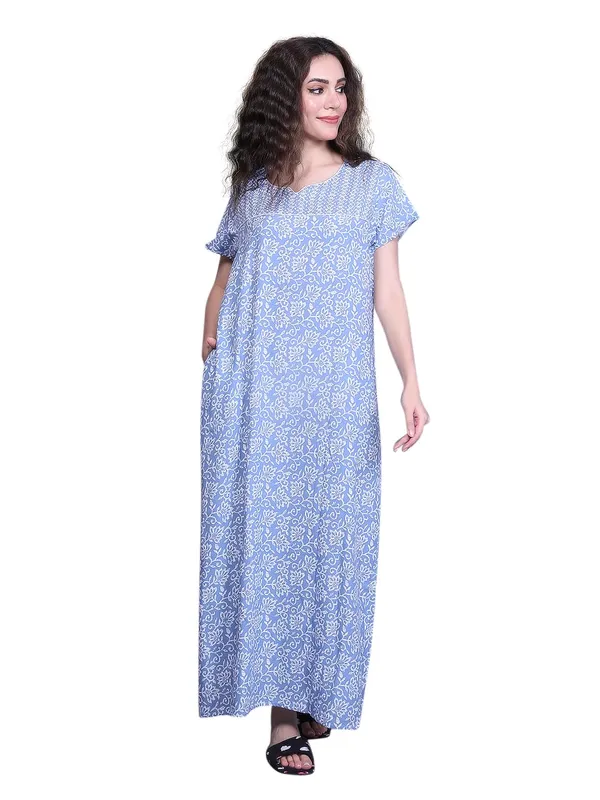 Evolove_Rayon_Nighty_Maxi_For_Women_With_Side_Pocket_|_V-Neck_Printed_Full_Length_Night_Wear_Gown_Short_Sleeves_Light_Blue_Medium