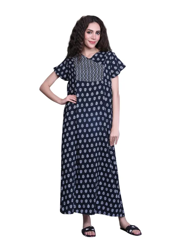 Evolove_Rayon_Nighty_Maxi_For_Women_With_Side_Pocket_|_V-Neck_Printed_Full_Length_Night_Wear_Gown_Short_Sleeves_Navy_Blue_Xxx-Large