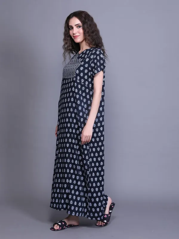 Evolove_Rayon_Nighty_Maxi_For_Women_With_Side_Pocket_|_V-Neck_Printed_Full_Length_Night_Wear_Gown_Short_Sleeves_Navy_Blue_Xxx-Large