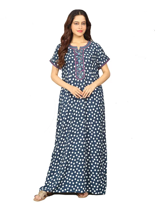 Evolove_Rayon_Embroidery_Nighty_Maxi_For_Women_With_Side_Pocket_|_Polka_Dot_Printed_Short_Sleeves_Full_Length_Soft_Night_Wear_Gown_Dark_Navy_X-Large