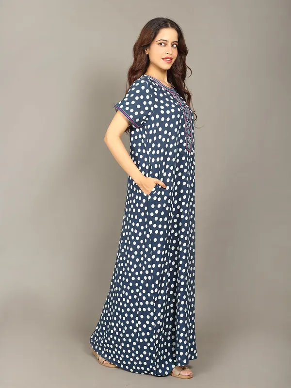 Evolove_Rayon_Embroidery_Nighty_Maxi_For_Women_With_Side_Pocket_|_Polka_Dot_Printed_Short_Sleeves_Full_Length_Soft_Night_Wear_Gown_Dark_Navy_X-Large