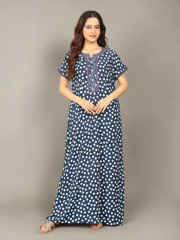 Evolove_Rayon_Embroidery_Nighty_Maxi_For_Women_With_Side_Pocket_|_Polka_Dot_Printed_Short_Sleeves_Full_Length_Soft_Night_Wear_Gown_Dark_Navy_X-Large