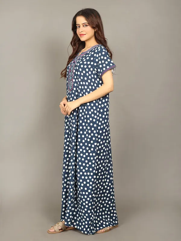 Evolove_Rayon_Embroidery_Nighty_Maxi_For_Women_With_Side_Pocket_|_Polka_Dot_Printed_Short_Sleeves_Full_Length_Soft_Night_Wear_Gown_Dark_Navy_X-Large