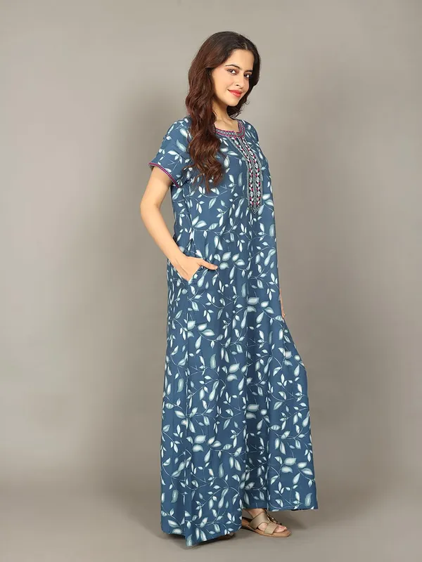 Evolove_Rayon_Embroidery_Nighty_Maxi_For_Women_With_Side_Pocket_|_Printed_Short_Sleeves_Full_Length_Soft_Night_Wear_Gown_Teal