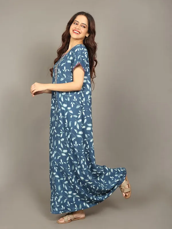 Evolove_Rayon_Embroidery_Nighty_Maxi_For_Women_With_Side_Pocket_|_Printed_Short_Sleeves_Full_Length_Soft_Night_Wear_Gown_Teal