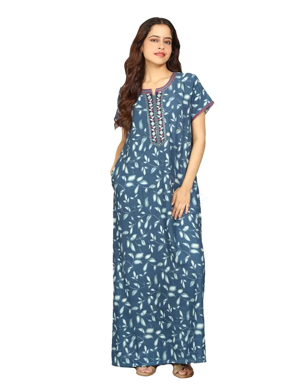 Evolove_Rayon_Embroidery_Nighty_Maxi_For_Women_With_Side_Pocket_|_Printed_Short_Sleeves_Full_Length_Soft_Night_Wear_Gown_Teal