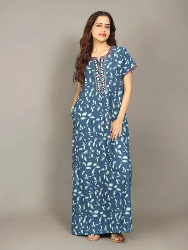 Evolove_Rayon_Embroidery_Nighty_Maxi_For_Women_With_Side_Pocket_|_Printed_Short_Sleeves_Full_Length_Soft_Night_Wear_Gown_Teal