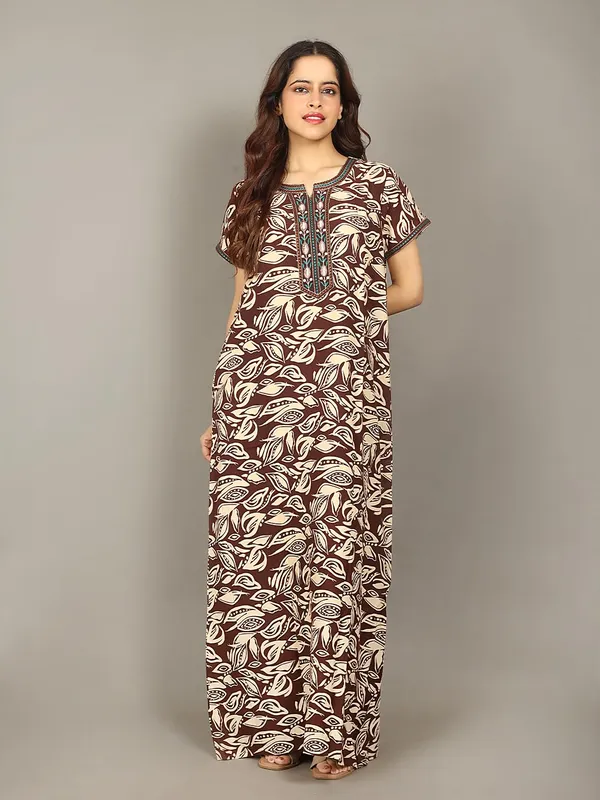 Evolove_Rayon_Embroidery_Nighty_Maxi_For_Women_With_Side_Pocket_|_Printed_Short_Sleeves_Full_Length_Soft_Night_Wear_Gown_Rust_X-Large