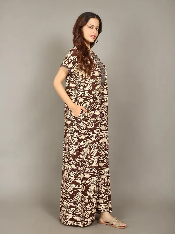 Evolove_Rayon_Embroidery_Nighty_Maxi_For_Women_With_Side_Pocket_|_Printed_Short_Sleeves_Full_Length_Soft_Night_Wear_Gown_Rust_X-Large