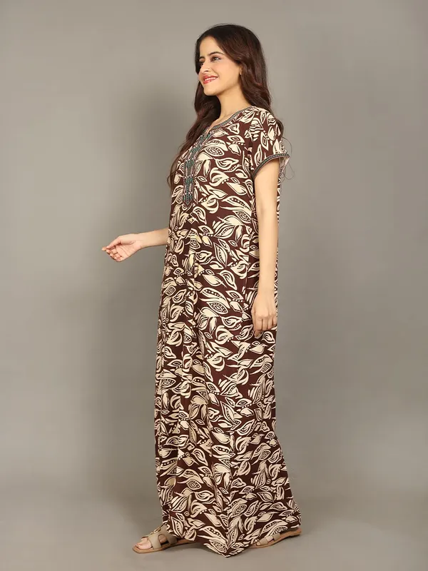 Evolove_Rayon_Embroidery_Nighty_Maxi_For_Women_With_Side_Pocket_|_Printed_Short_Sleeves_Full_Length_Soft_Night_Wear_Gown_Rust_X-Large