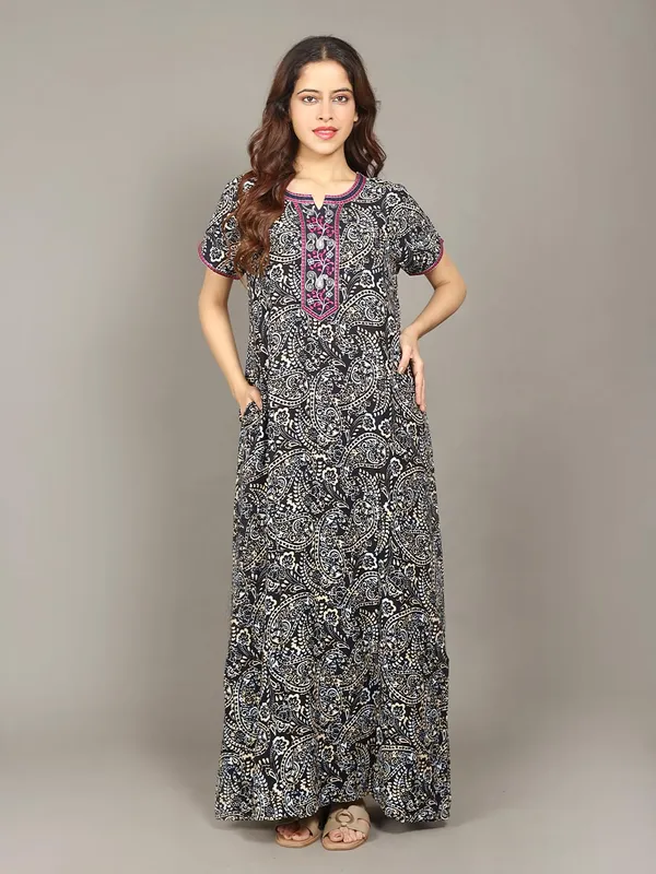 Evolove_Rayon_Embroidery_Nighty_Maxi_For_Women_With_Side_Pocket_|_Printed_Short_Sleeves_Full_Length_Soft_Night_Wear_Gown_Cosmic_Navy_X-Large