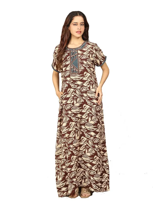 Evolove_Rayon_Embroidery_Nighty_Maxi_For_Women_With_Side_Pocket_|_Printed_Short_Sleeves_Full_Length_Soft_Night_Wear_Gown_Maroon_X-Large