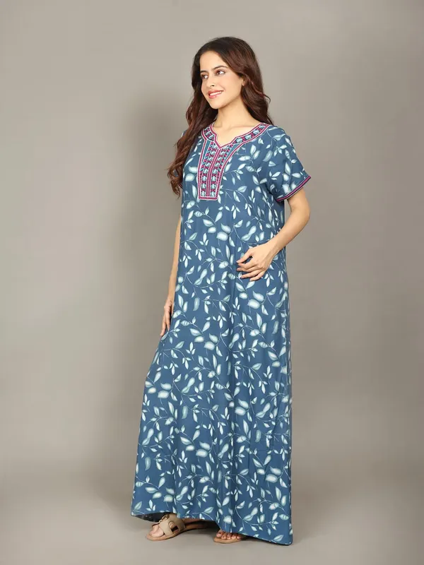 Evolove_Rayon_Embroidery__Nighty_Maxi_For_Women_With_Side_Pocket_|_Printed_Short_Sleeves_Full_Length_Soft_Night_Wear_Gown_Blue