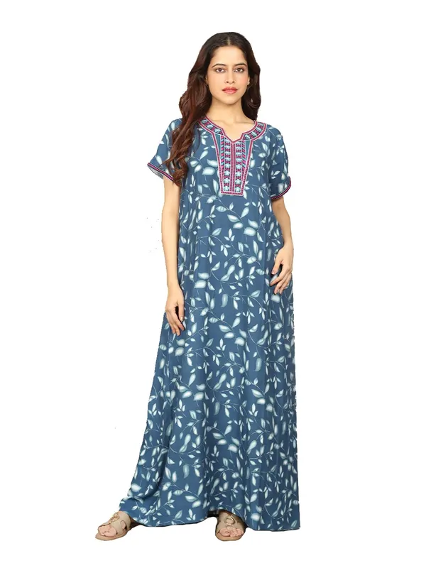 Evolove_Rayon_Embroidery__Nighty_Maxi_For_Women_With_Side_Pocket_|_Printed_Short_Sleeves_Full_Length_Soft_Night_Wear_Gown_Blue