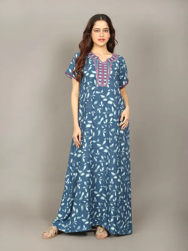 Evolove_Rayon_Embroidery__Nighty_Maxi_For_Women_With_Side_Pocket_|_Printed_Short_Sleeves_Full_Length_Soft_Night_Wear_Gown_Blue