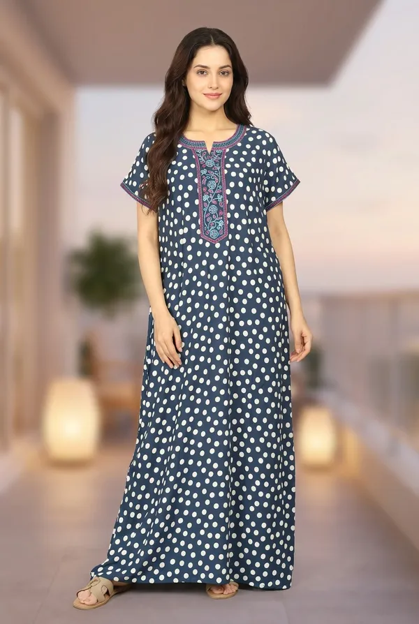 Evolove_Rayon_Embroidery_Nighty_Maxi_For_Women_With_Side_Pocket_|_Polka_Dot_Printed_Short_Sleeves_Full_Length_Soft_Night_Wear_Gown_Dark_Navy_X-Large