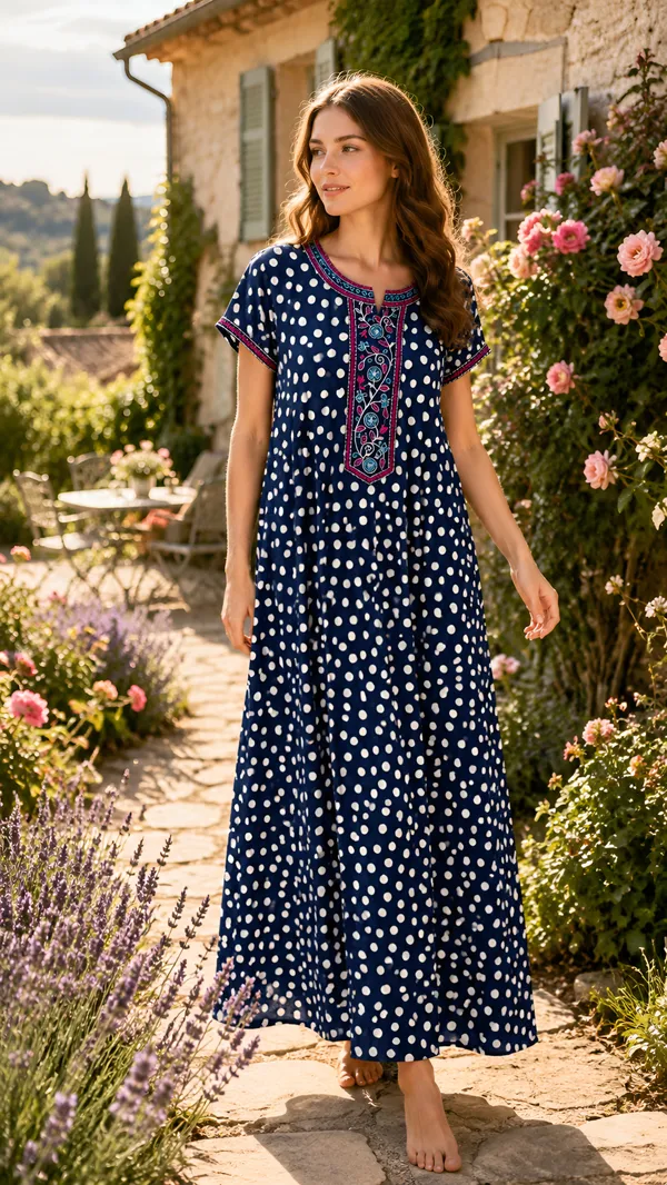 Evolove_Rayon_Embroidery_Nighty_Maxi_For_Women_With_Side_Pocket_|_Polka_Dot_Printed_Short_Sleeves_Full_Length_Soft_Night_Wear_Gown_Dark_Navy_X-Large