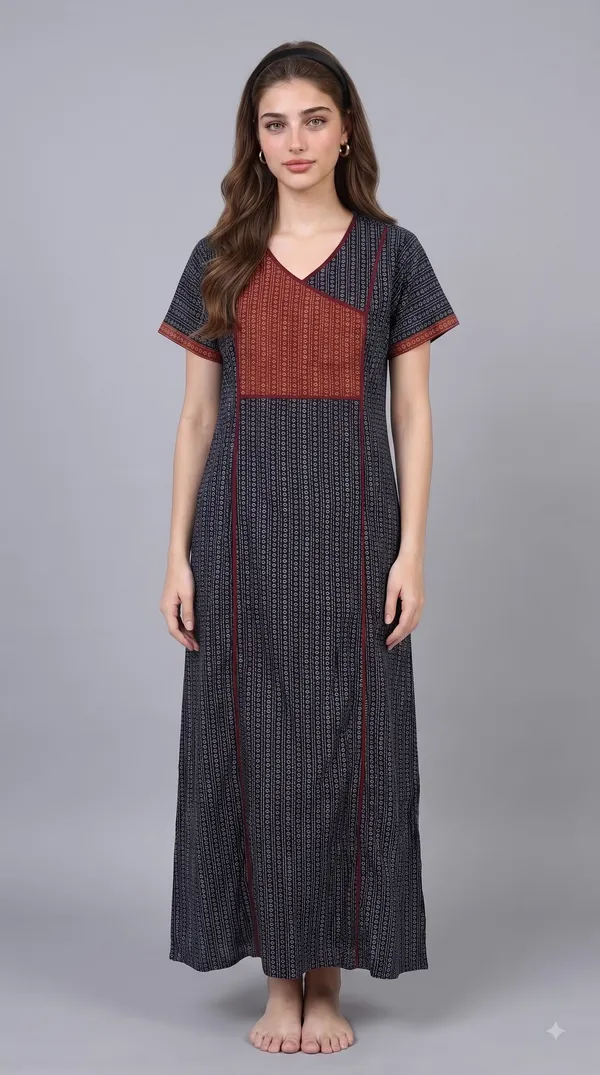 Evolove_Cotton_Maxi_Nighty_For_Women_With_Side_Pocket_|_Contrast_Yoke_Patch_Print_|_V-Neck_Printed_Short_Sleeves_Full_Length_Night_Wear_Gown_Dark_Navy__(Angrakha_Style)